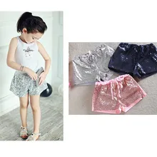 Бермуды прямых продаж свободные однотонные Модные Высокая детей Блестящий блесток Шорты для женщин Обувь для девочек рюшами Экипировка исполнителей