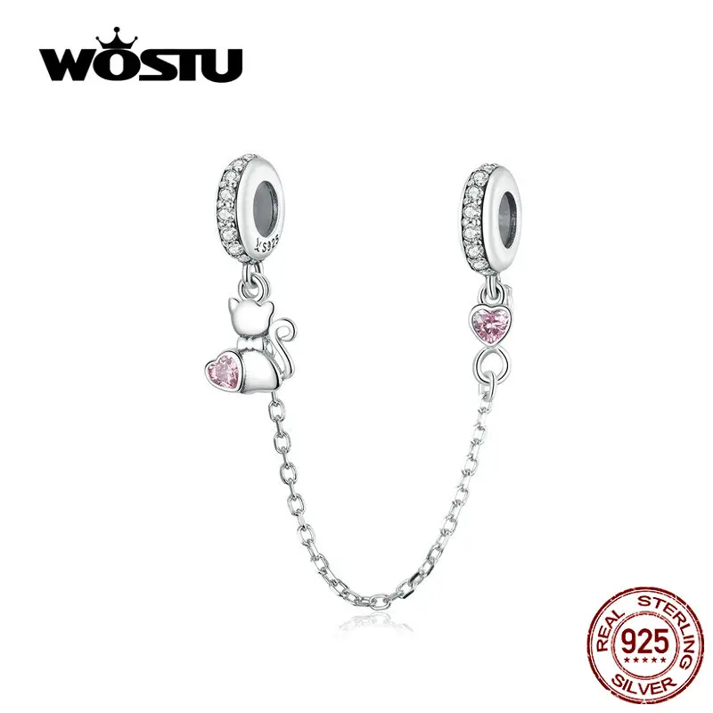 

WOSTU S925 Pink Lovely Kitty Charms Hot Fashion 100% Real Sterling Silver Pendants Beads Fit Original Bracelet Jewelry CQC1233