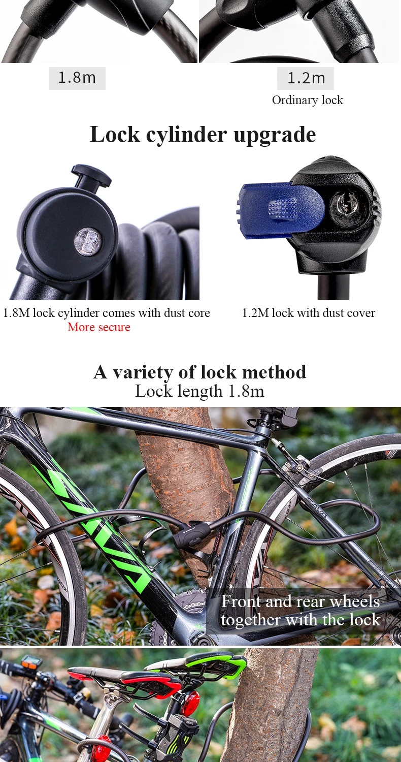 Колеса до 1,2 м 1,8 м Блокировка велосипеда анти-против старения-кража высокой твердости безопасности велосипедный кабельный замок MTB дорожный велосипед стальной замок для ключей