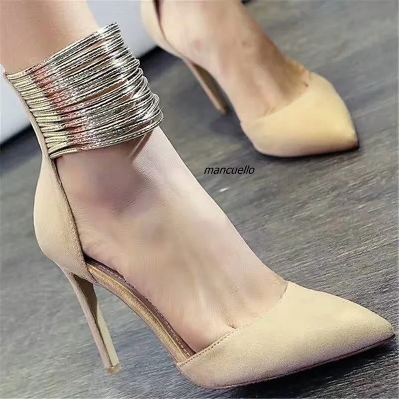 

Awesome Women Red Suede Pointy Heels Stylish Style Metal Rings Ankle Wrap Stiletto High Heel Pumps Back Zip High Quality Shoes