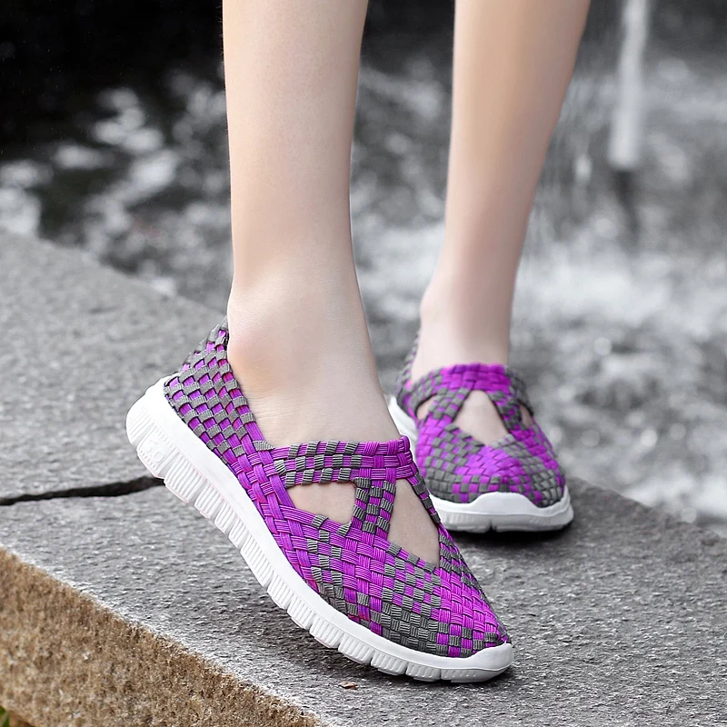 

LEOCI Newest Women Running Shoes Hand-made Weave Female Sneakers Non-Slip Outdoor Walking Shoes Breathable Mesh Shoes Flats