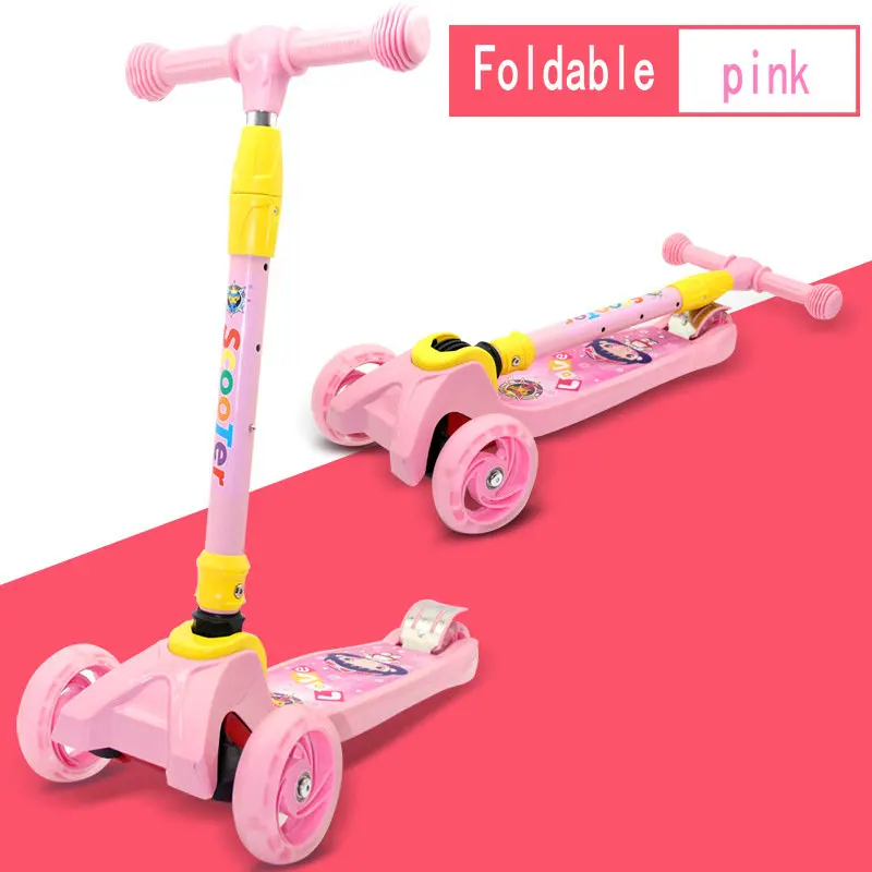 Детские самокат детский 5in1 PU 3 колеса мигает качели, Прокат подъема Нарядное платье для девочек от 2 до 15 лет коляски ездить велосипед автомобиль открытый игрушки - Цвет: Foldable pink