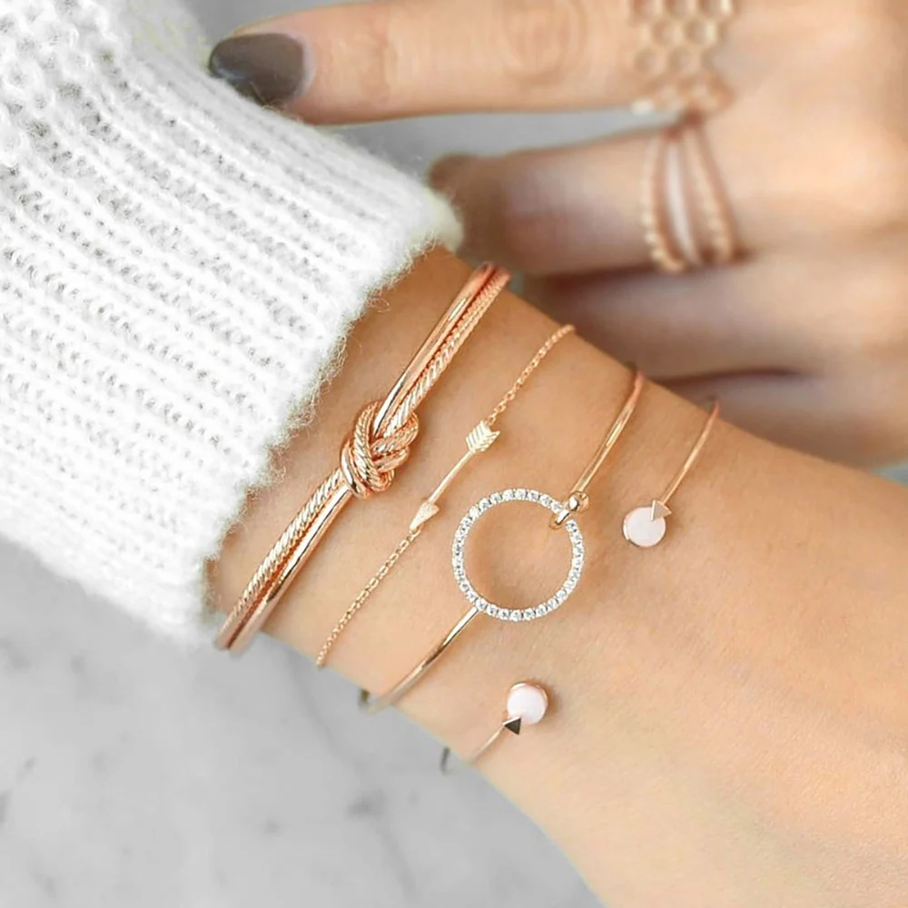 

4 Pcs/set Bohemia Classic Arrow Knot Round Crystal Gem Bangle Bracelet Multilayer Open Bracelet Set Women Fashion Charm Jewelry