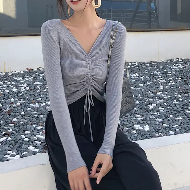 AOSSVIAO Sexy lace up knitting pullover top Fashion autumn winter sweater women Chic pink V-neck knit slim jumper pull femme gray