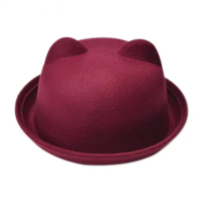 Women Cat Ears Cap Jazz Bowler Felt Fedora Hat Spring Autumn Cylinder Caps Bonnet GDD99