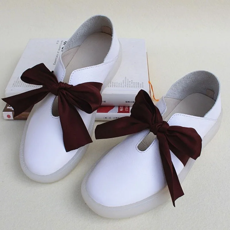 Shoes Woman Flat slip on Sneakers 100% Genuine Leather Ladies Flat Shoes Big Bow-tie Pink White Women's Loafers (2018-5)