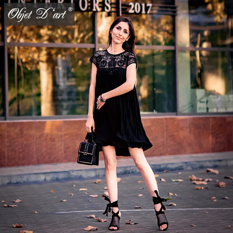 Skup Marka Fashion Party Dress elegancka koronka kobiety sukienka z krótkim rękawem plisowana marszczona szyfonowa sukienka frezowanie koktajlowa sukienka Vestidos