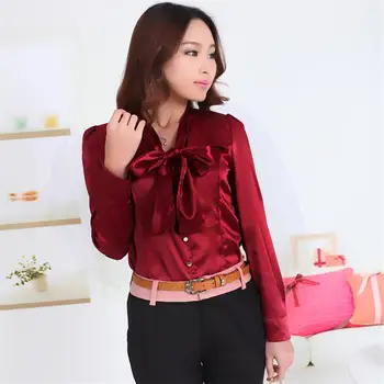 

Lady's Formal Office Clothes Plus Size Work Wear Blusas Charmeuse For Women Chiffon Blouse Long Sleeve Blouse Woman Bow Tie