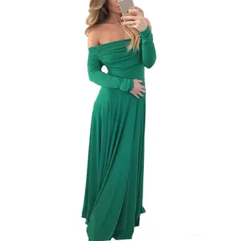 

Fashion Summer Elegant Ladies Sexy Off Shoulder Single Women Clothes Long Arms Plissee Maxi Evening Party Cocktail Dress