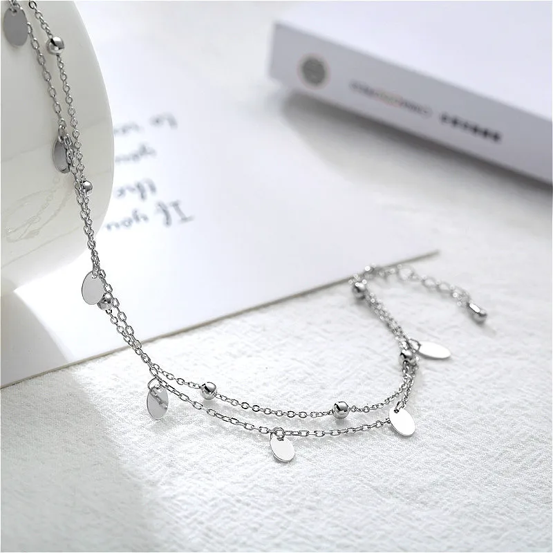 Flyleaf Simple Double Layer Sequin Bead Real Sterling Silver 925 Anklet For Women Fashion Leg Fine Jewelry Girl Anklets On Foot