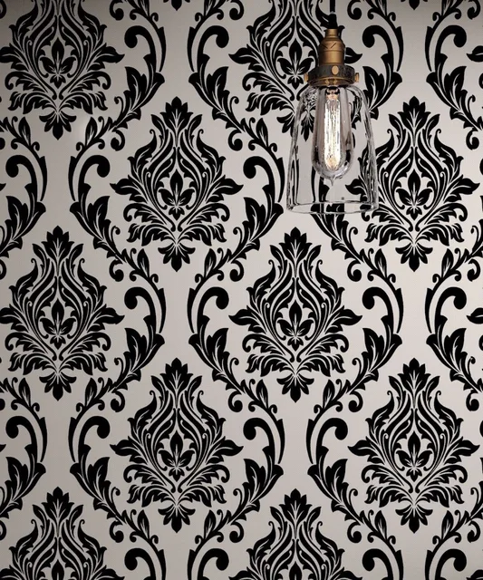 Black And White Damask Wallpaper Rolls Velvet Flocked Textured Black And White Damask Wallpaper Rolls Velvet Flocked Textured Victorian Decor