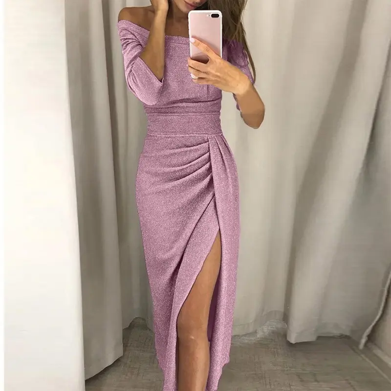 Women Party Dresses Sexy Split Slash Neck Vestidos Fashion Solid Pleated Robe Femme Club Dress Sequin Tunic Party Dress New Year