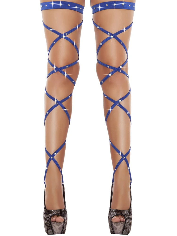 Женские чулки сексуальные женские s бандажные ажурные чулки бедро-высокие Стразы с шипами для ног - Цвет: Синий