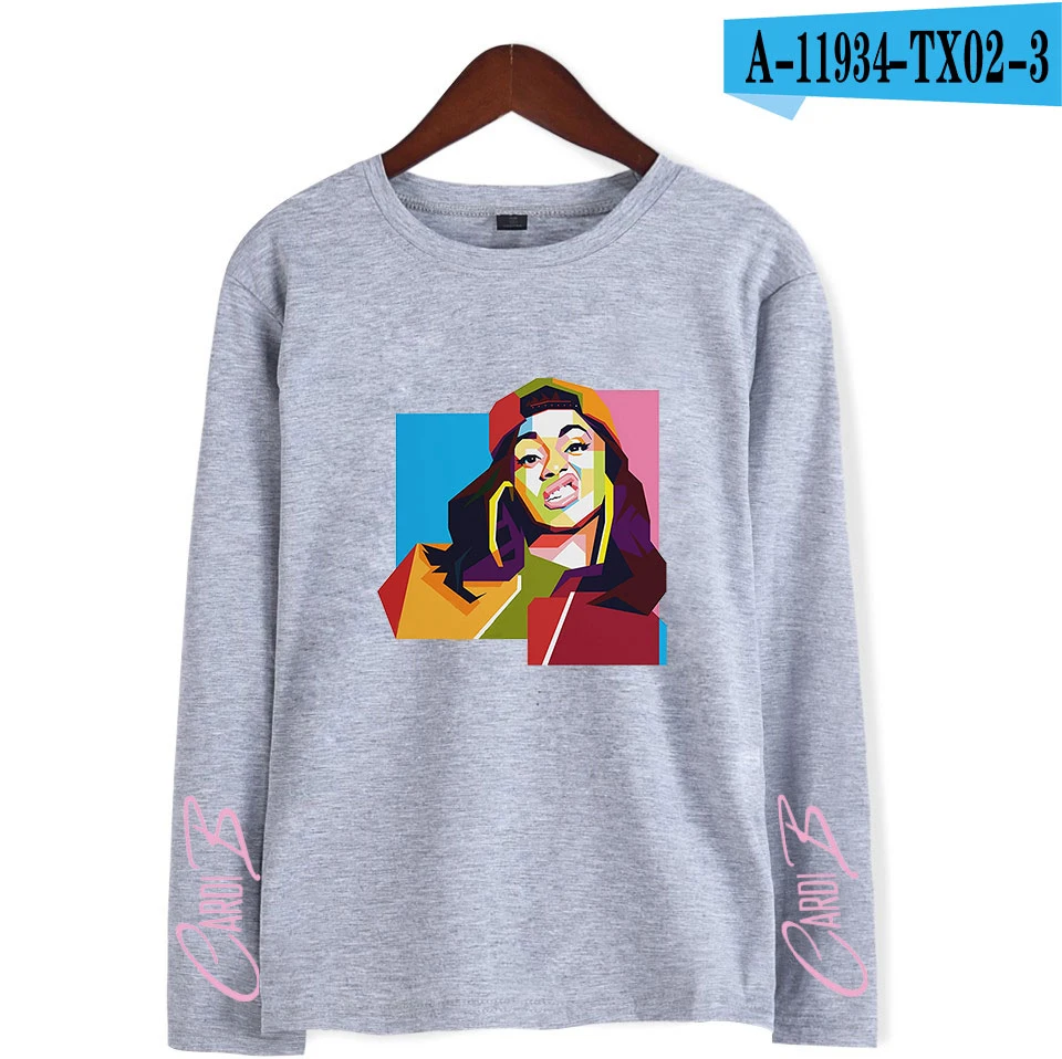 gray Cardi B стильная мягкая женская футболка с круглым воротником популярный классный хип-хоп классический хипстер Harajuku Уличная Повседневная футболка с длинными рукавами - Цвет: gray