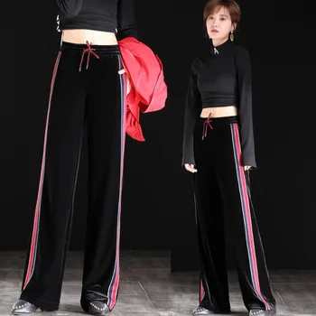 

Spring woman gold Velvet elastic waist casual pants Side stripe pants trousers straight trousers Slim Solid color Wide leg pants