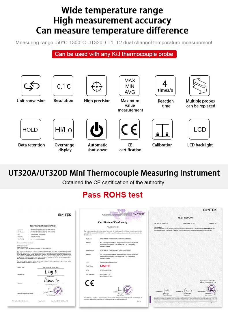 UNI-T мини-термометр контактного типа; UT320A/UT320D промышленный контактный термометр/термопара термометр