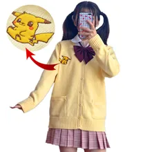 Осенний женский японский консервативный стиль, милый свитер с вышивкой Пикачу, вязаная одежда с рисунком из мультфильма в Корейском стиле, милые повседневные кардиганы для девочек