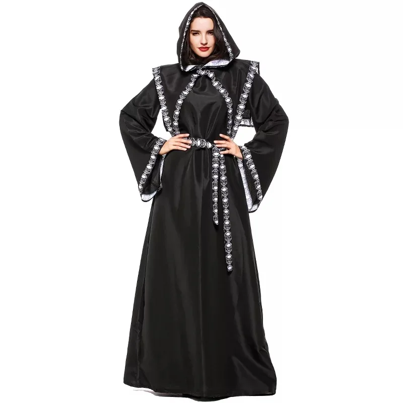 Взрослый Для женщин на Хэллоуин в готическом стиле, смерть Мрачный Жнец монах костюм ведьмы черный «ужасающий дьявол» капюшон халат череп платье для дам