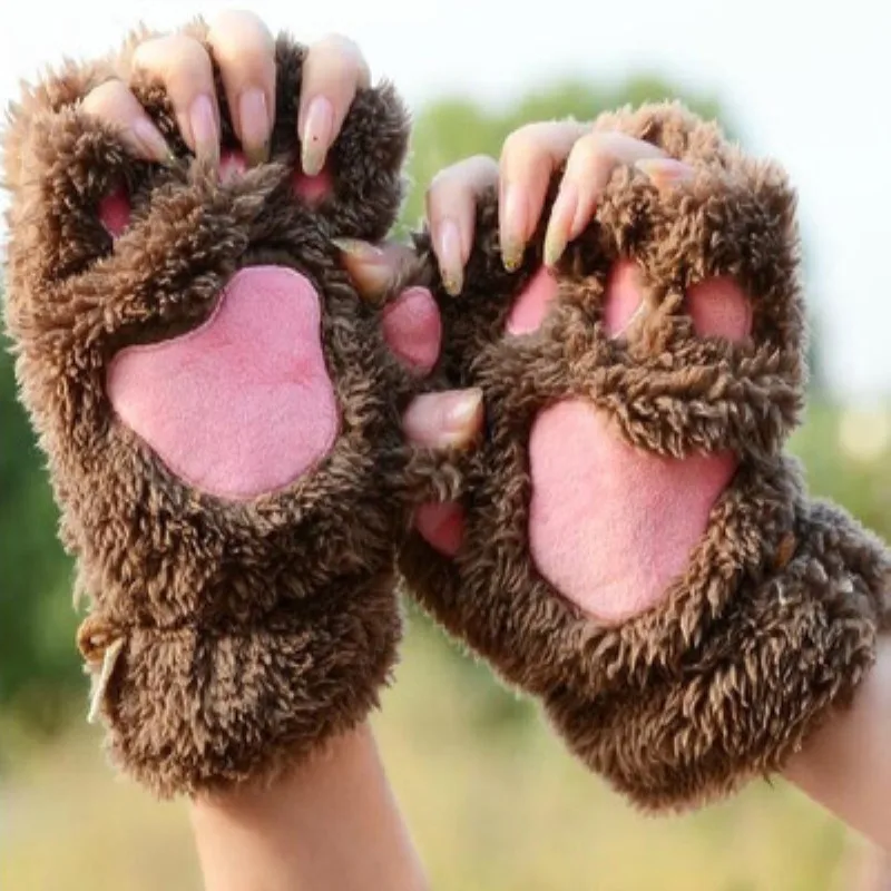 Перчатки на пол пальца, зимние женские теплые плюшевые перчатки, Коготь медведя, кошки, перчатки на пол пальца, перчатки без пальцев, милые перчатки аниме