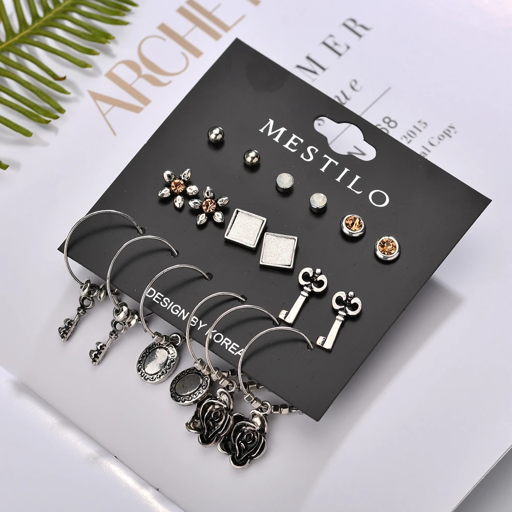 Mestilo 9 пар/компл. Винтаж Розы Цветочный обруч Комплект сережек для женщин на окружающую среду античный серебрянный ключ, высокое качество, для влюбленных, подарок