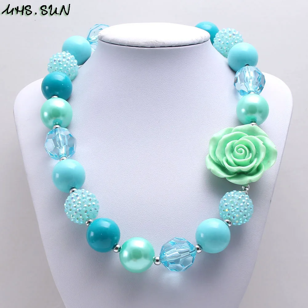 BN629 (9) Kids Girls Rose Flower Light Blue Chunky Beads Necklace Fashion Child Baby Beads Necklace Chunky Bubblegum Jewelry 1Pcs