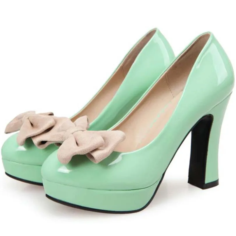 

Large Size:34-42 Black Beige Green Women Pumps Fashion Date Party Wedding Pumps Slip-on Bowtie Solid Platform Pumps