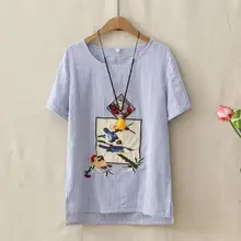 Летние Стильные Лоскутные Топы с вышивкой в виде птиц; футболка для женщин и девочек; футболки с короткими рукавами в Вертикальную Полоску; Feamle; хлопковая льняная Новинка