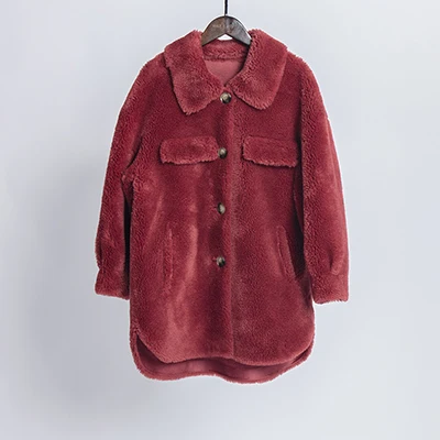 Пальто с искусственным мехом больших размеров, женское плотное теплое зимнее пальто больших размеров, Женское пальто из натурального овечьего меха, плюшевая пушистая куртка - Цвет: Red