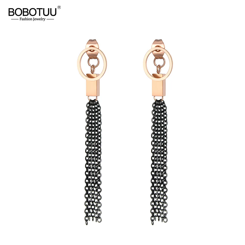 

Loaker Separate Drop Earring Rose Gold Stainless Steel Black Color Tassels Fashion Jewelry Round Pin Boucles D'oreilles BE18465