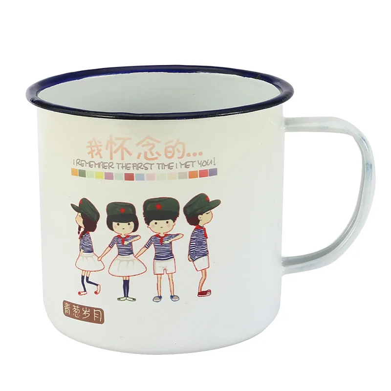 

350 ml Enamel Coffee Mug Creative Chirldren Breakfast Cup Black Roll Rim with Handgrip Milk Tea Cup