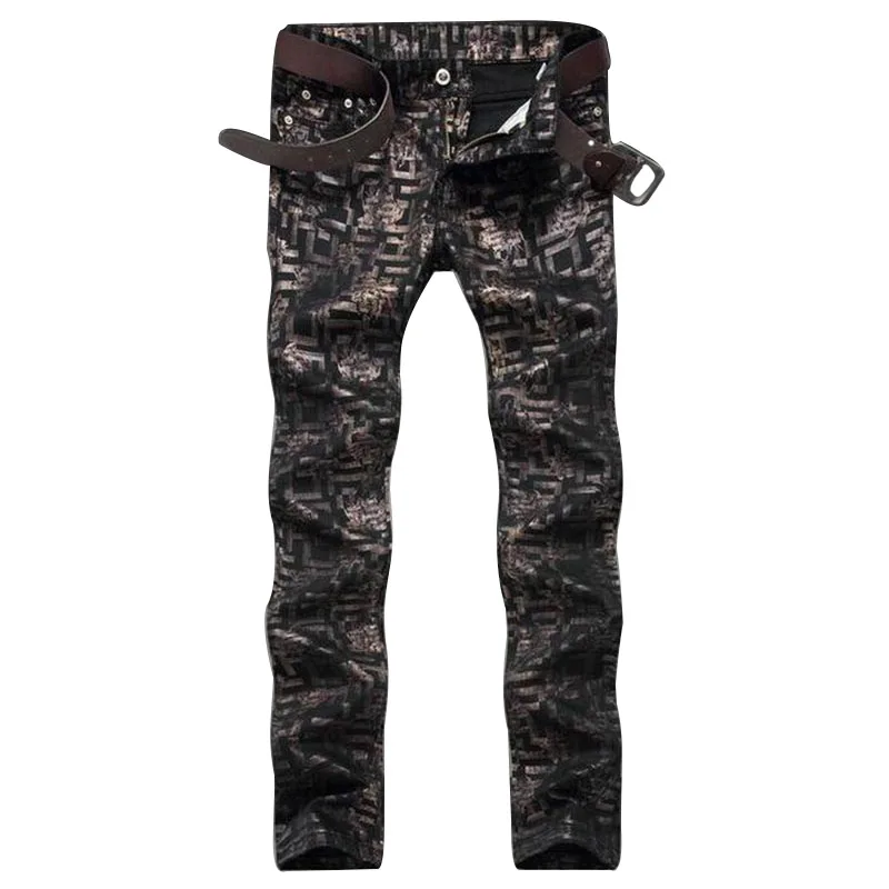 Fashion designer mens slim fit jeans clubwear personality straight printed pattern denim pants long trousers