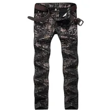 Fashion designer mens slim fit jeans clubwear personality straight printed pattern denim pants long trousers