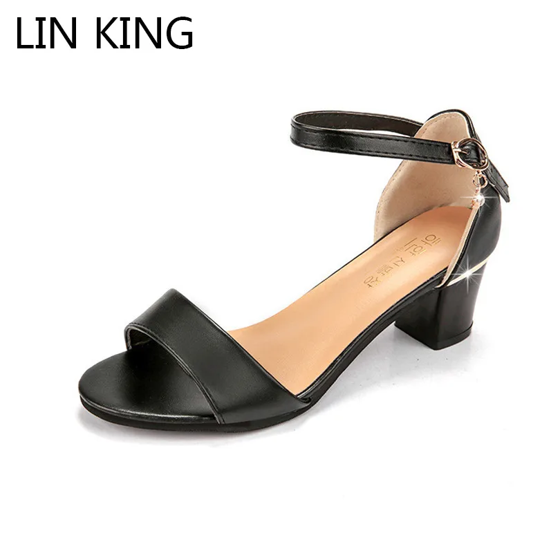 

LIN KING Fashion Square Heel Women Sandals Buckle Strap Peep Toe Single Shoes Leisure Med Heel Office Lady Work Shoes Big Size