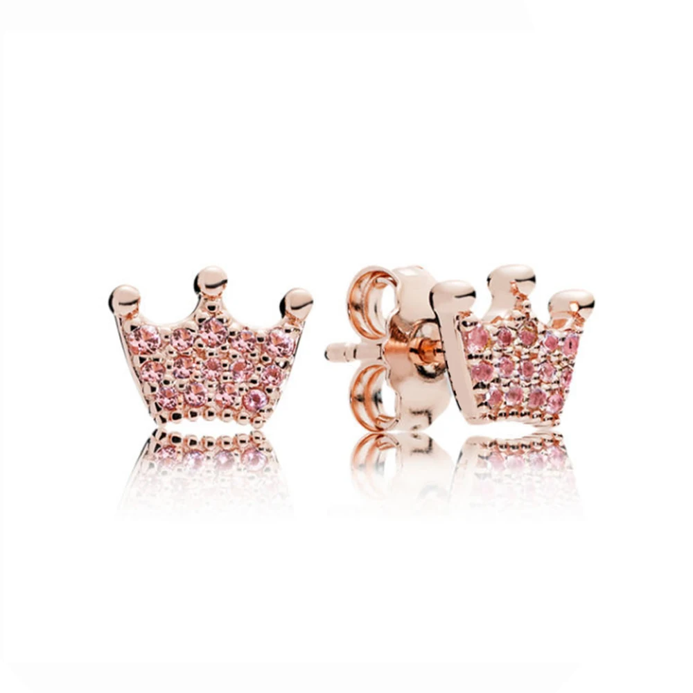 

2018 NEW 100% 925 Sterling Silver Pink Enchanted Crowns Stud Earrings Rose & Pink Crystals Ear Studs Fit DIY Women Gift