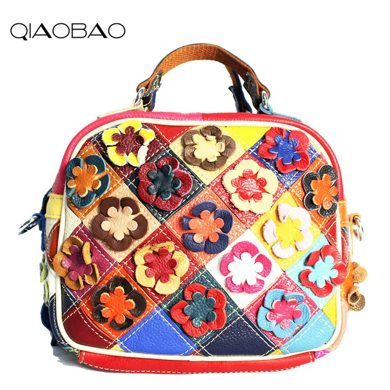 

QIAOBAO Women 100% Cowhide Leather Handbags Patchwork Ladies Hand Bags Girls Soft Genuine Leather Shoulder Bag Ladybag