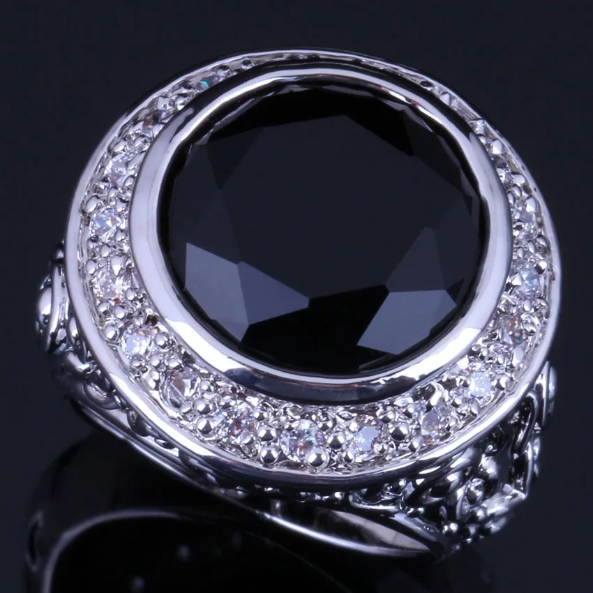 

Fantastic Big Round Black Cubic Zirconia White CZ Silver Plated Ring V0566
