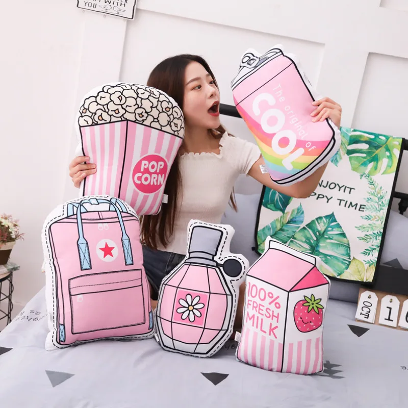 

Kawaii Creative Pink Popsicles Popcorn Milk Bag Perfume Cans Simulation Food Pillow Stuffing Soft Plush Cushion Cute Toy Bolster