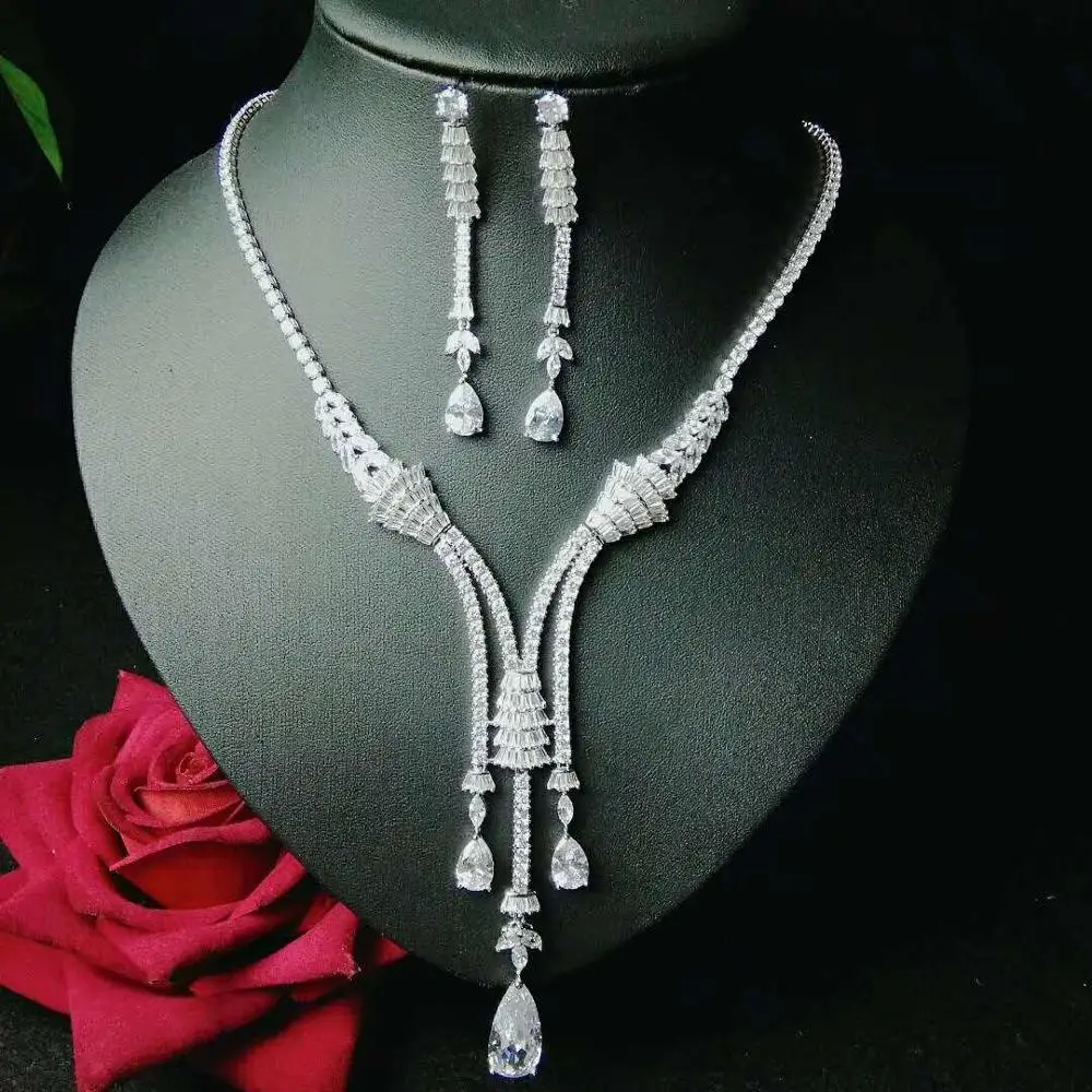 HIBRIDE сверкающими Bijoux(украшения своими руками) ювелирные комплекты dubai полный кубического циркония Цепочки и ожерелья комплект Для женщин свадебный для свадебной вечеринки в комплекте костюма N-1046 - Окраска металла: white