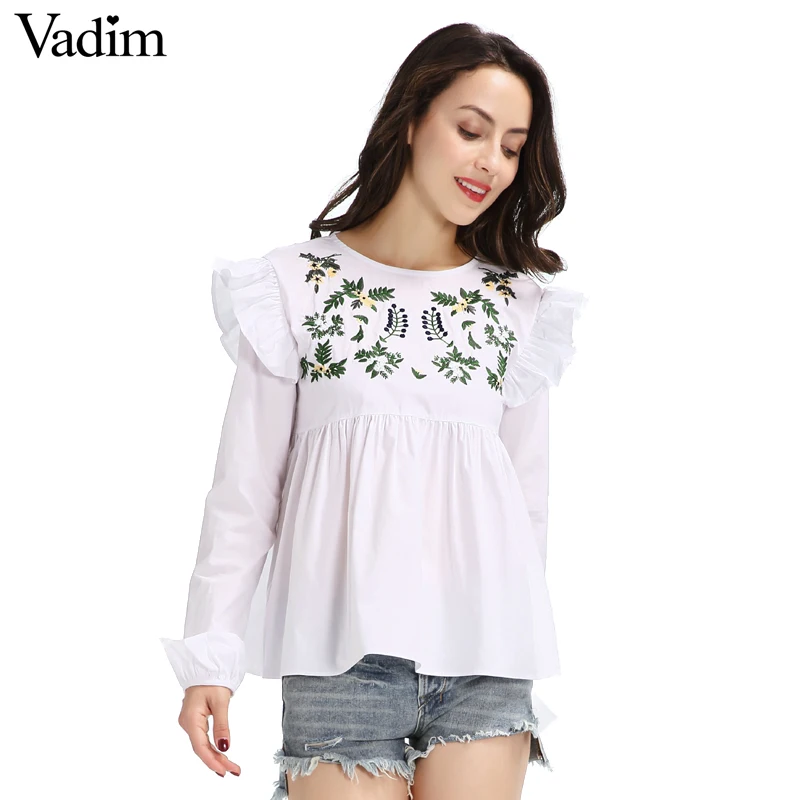 

Women sweet embroidery ruffles shirts long sleeve white blouse back button ladies fashion streetwear tops blusas LT1595