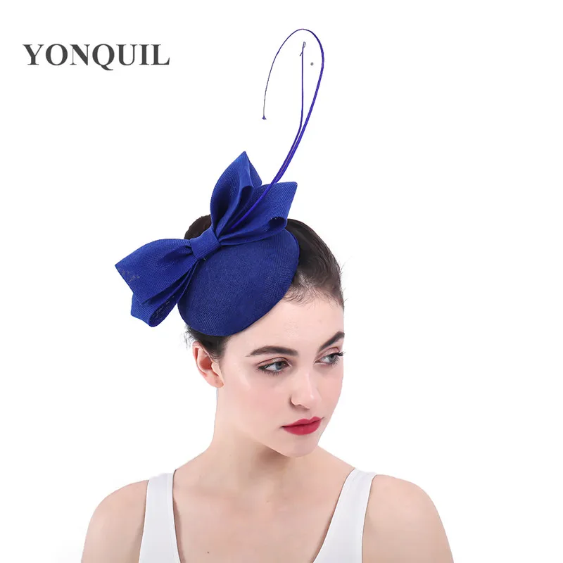 

Ladies Church hats Royal blue gorgeous fascinators wedding headbands with bow and quill Imitation sinamay party fascinator hat