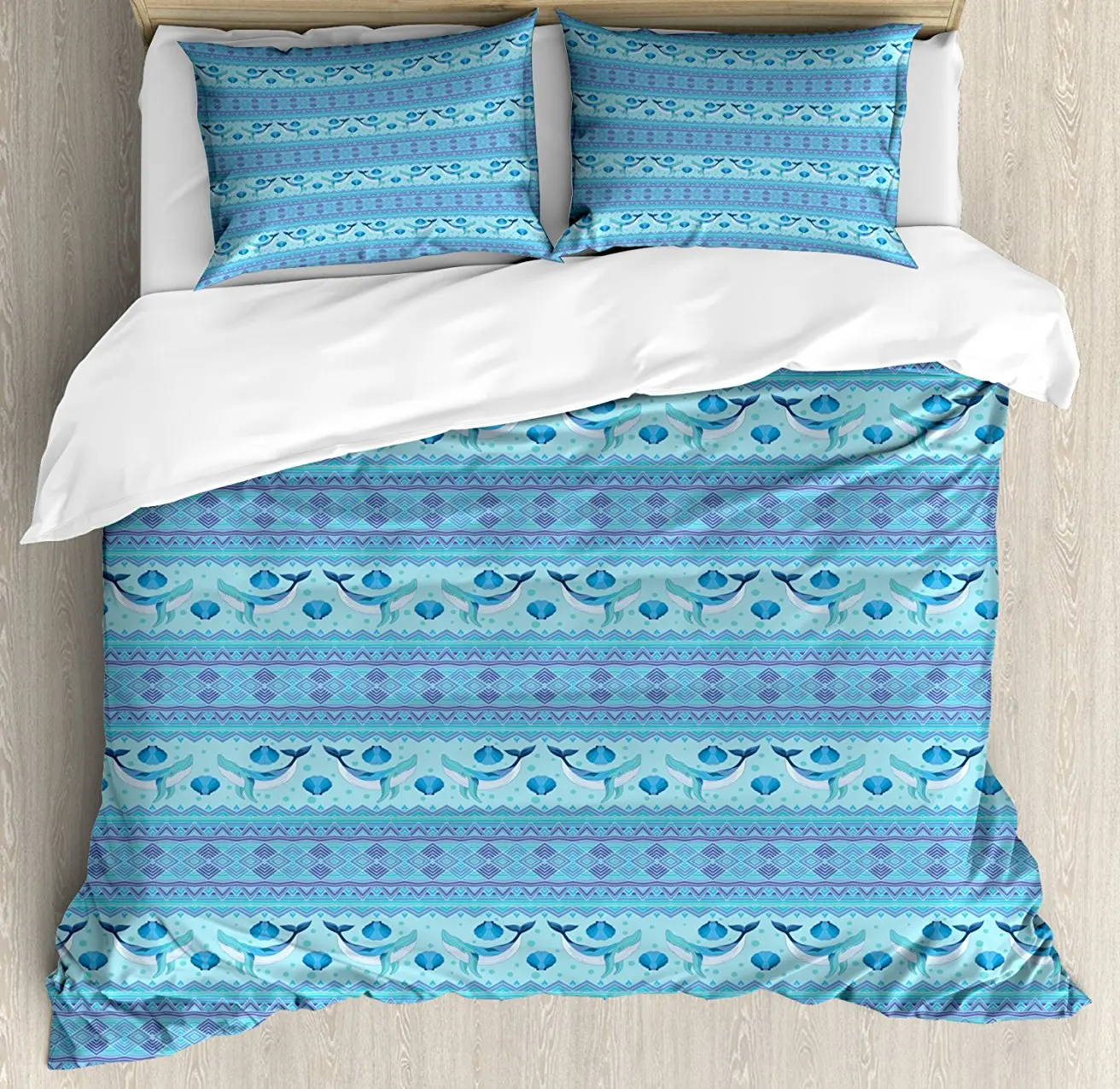 

Whale Duvet Cover Set , Ocean Inspired Pattern with Ethnic Geometrical Borders Fish and Scallops, 4 Piece Bedding Set