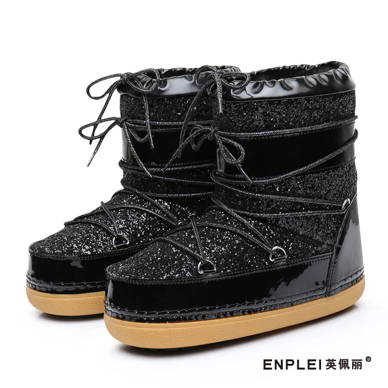 

Snow Boots Winter Ankle Boots Women Shoes Fur Warm Boots Female Plus Size Casual Shoes Platform Non Slip Gold Bling Lack Up DE