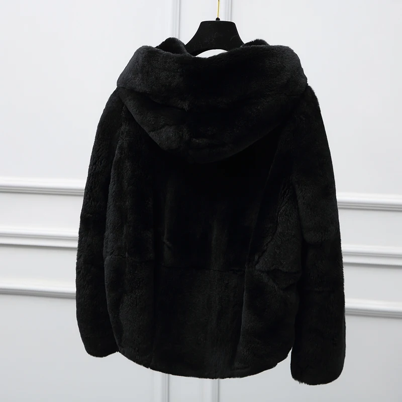 

2019 New Natural Rex Rabbit Fur Coats Women Hooded Zipper Winter Real Fur Jackets Outwear Plus Size