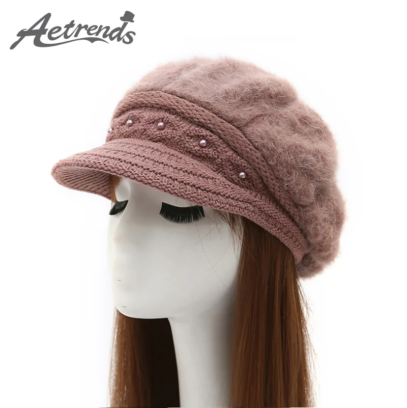 

[AETRENDS] Women's Hat Rabbit Fur Knitted Beanies Fashion Berets with Fleece Inside and Pearl Decoration Winter Flat Hats Z-3880
