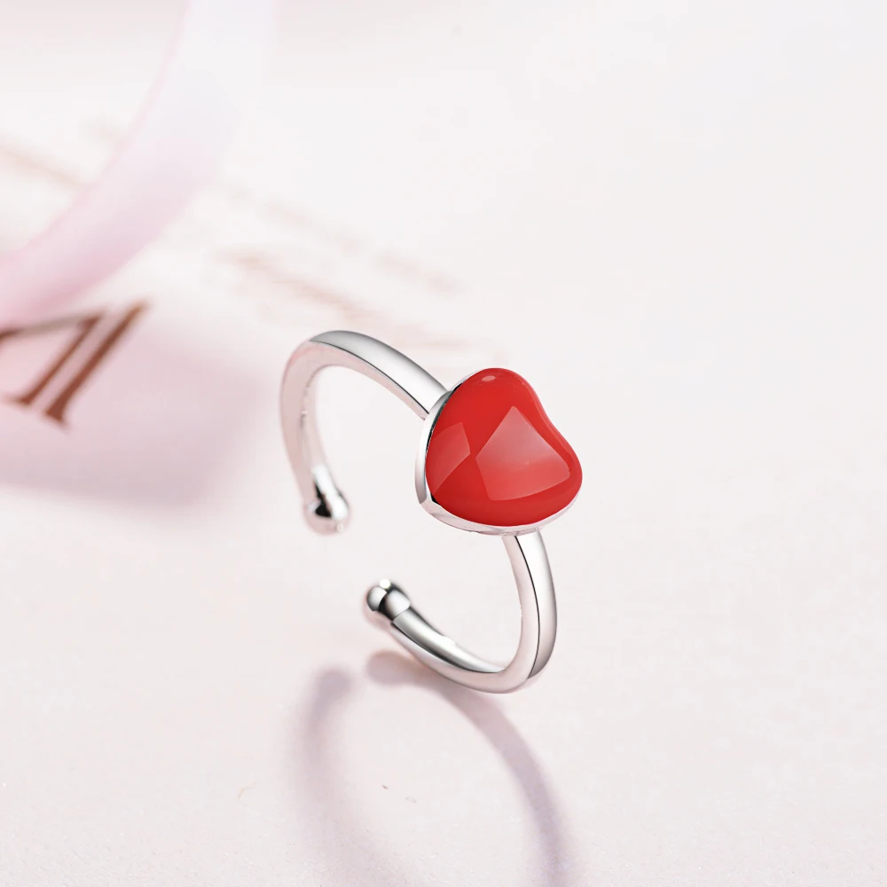 ANENJERY Simple Red Heart Ring For Women Girl Adjustable 925 Sterling Silver Rings S-R470