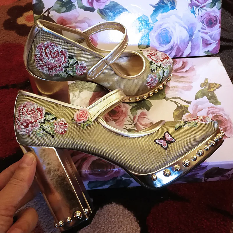 Fête Piste Pic Femmes Tenue Janes Mariage Chaussures Floral Rond Épais Mary Or As Pompes Pour Broder Maille Talons Bout De Rivet OxqRwnvptw