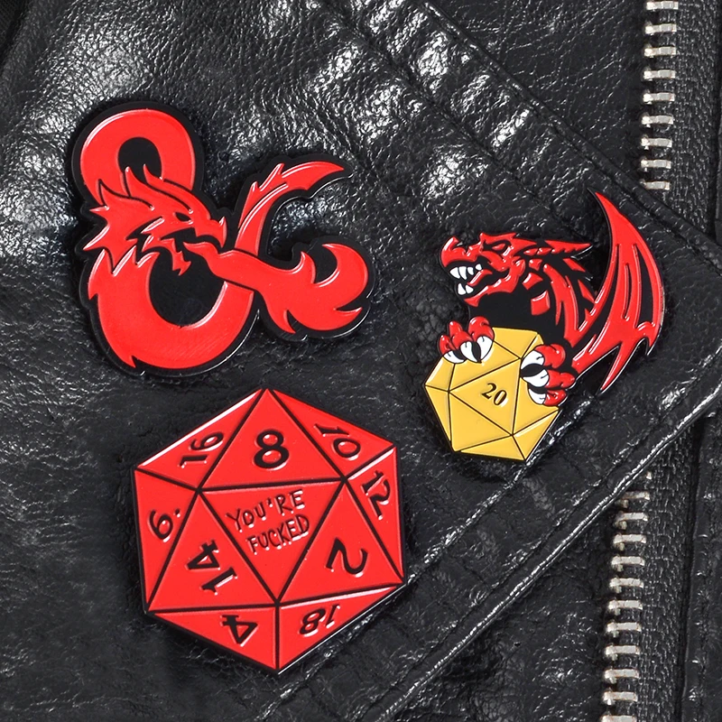 

Dungeons and Dragons Enamel Pins 20 sided dice Dragon Pin Red Punk Table-top Game Badges Brooches For Women Men D20 DnD Jewelry