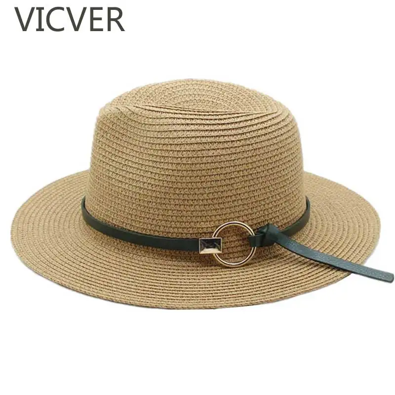 2019 قبعة صيفية من القش رجل قبعات من الألياف المجدولة شقة حافة النساء قبعة الشمس مع جلدية الشريط بلون شاطئ كاب للجنسين عارضة الشمس قبعات