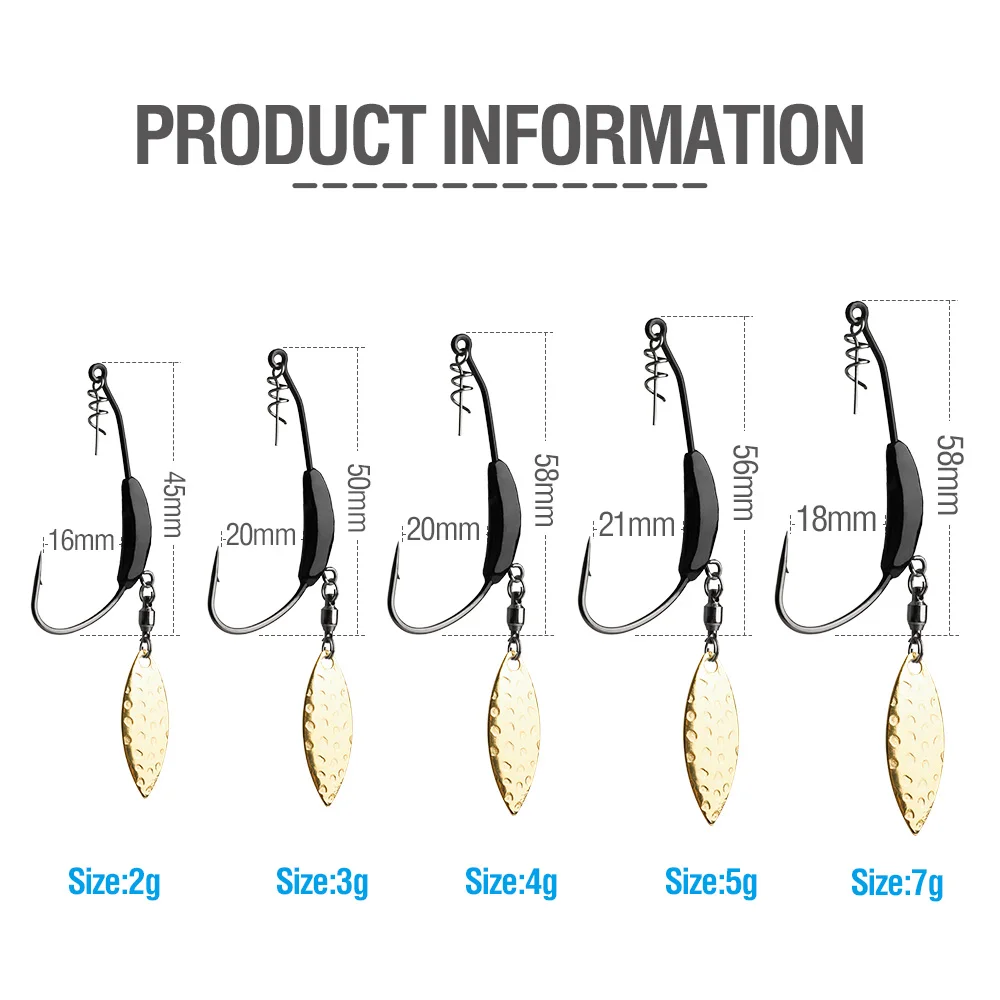 DONQL 5pcsBox Offset Fishing Hooks With Metal Spoon Sequins Add Lead Weight 2g-7g Wide Crank Fishhooks For Soft Lure Baits      (6)