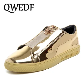 

QWEDF 2019 Men Lion Head Loafer Casual Flats Spring Summer Men Oxfords Lace Up Leisure All Student Patent Leather Shoes GF-91